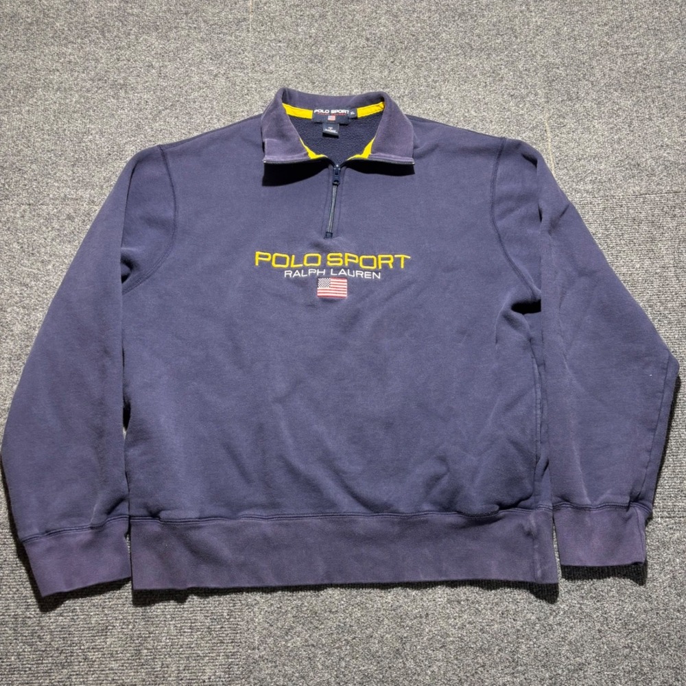 Vintage Polo Sport Ralph Lauren Quarter Zip Sweatshirt Navy Blue XL Flag